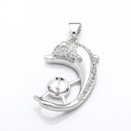 Dolphin Pendant Pearl Setting with CZ's and Round Cup and Peg Mounting including Bail in Sterling Silver 7mm