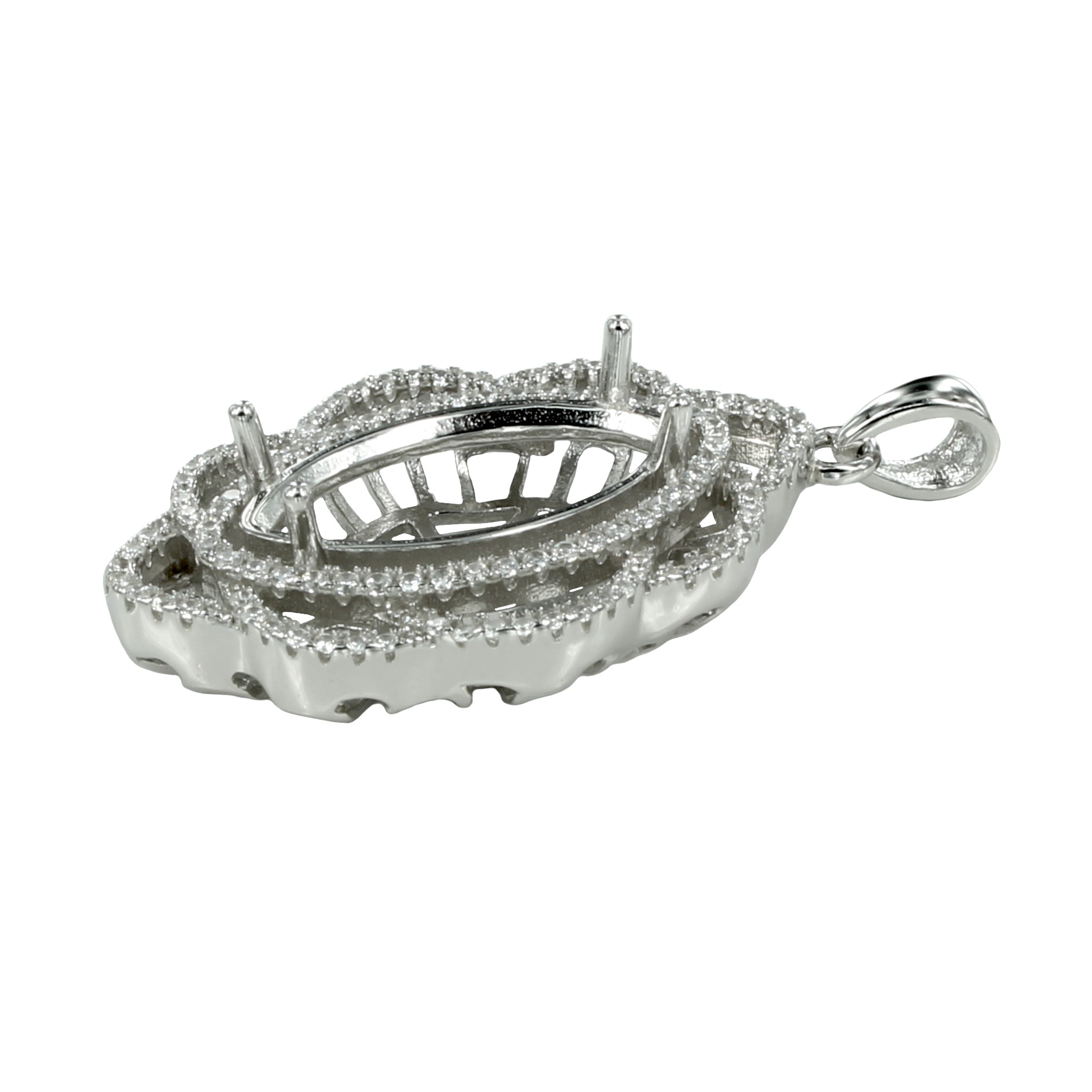 Pendant with Cubic Zirconia Inlays and Marquise Shape Mounting and Bail in Sterling Silver 10x19mm
