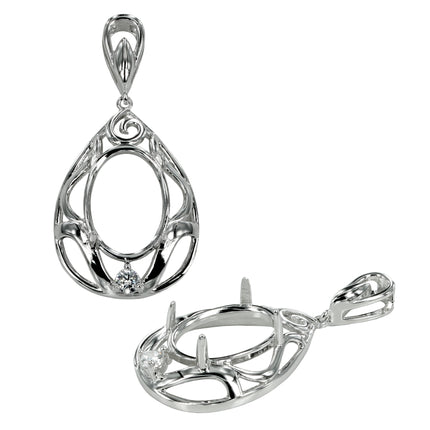 Pear shaped frame oval pendant set with Cubic Zirconia and soldered loop and bail in sterling silver 10x14mm