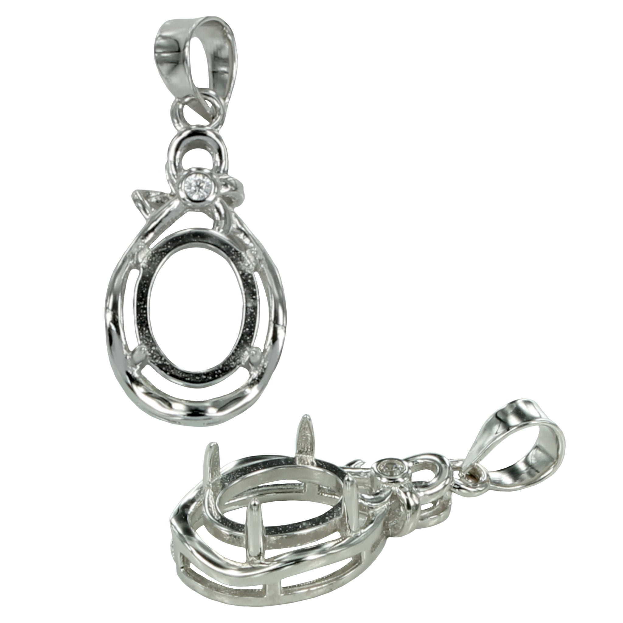 Oval Ribbon-Top pendant with CZ in sterling silver for 7x9mm oval stones