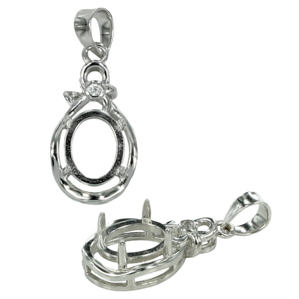 Oval Ribbon-Top pendant with CZ in sterling silver for 7x9mm oval stones
