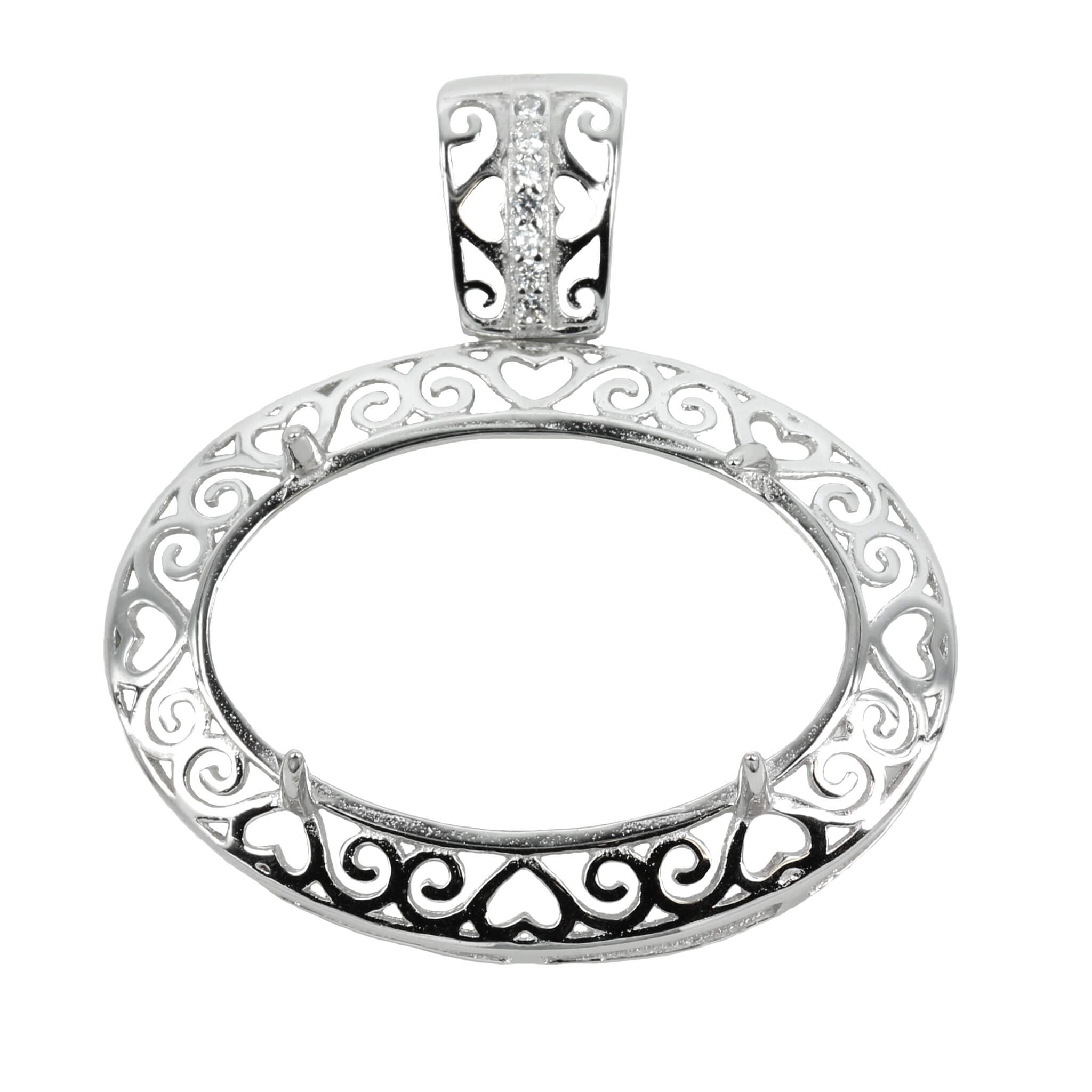 Oval Pendant Setting with CZ's and Oval Prongs Mounting including Bail in Sterling Silver 18x26mm