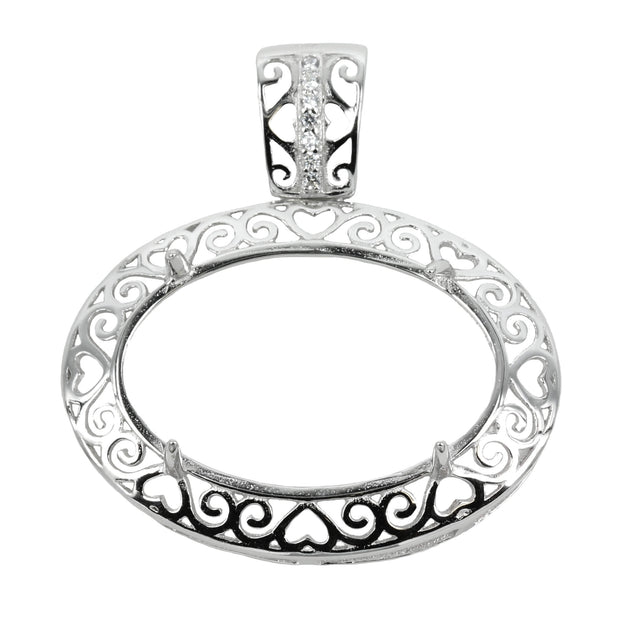 Oval Pendant Setting with CZ's and Oval Prongs Mounting including Bail in Sterling Silver 18x26mm