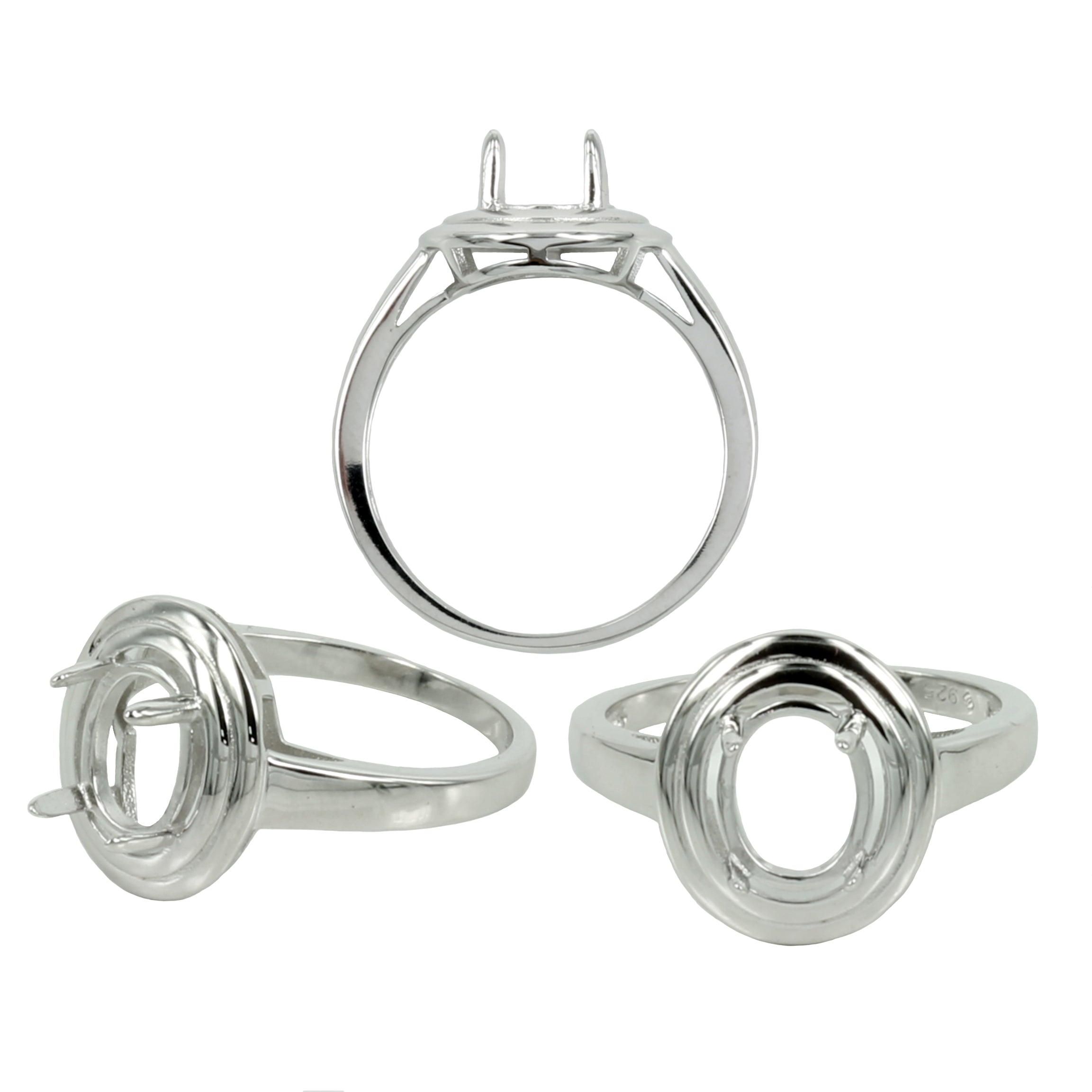 Beveled Ring with Oval Prongs Mounting in Sterling Silver 7x9mm