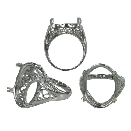 Swirls Ring with Oval Prongs Mounting in Sterling Silver 14x18mm