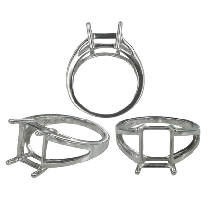 Split Shank Ring with Rectangular Prongs Mounting in Sterling Silver 8x10mm