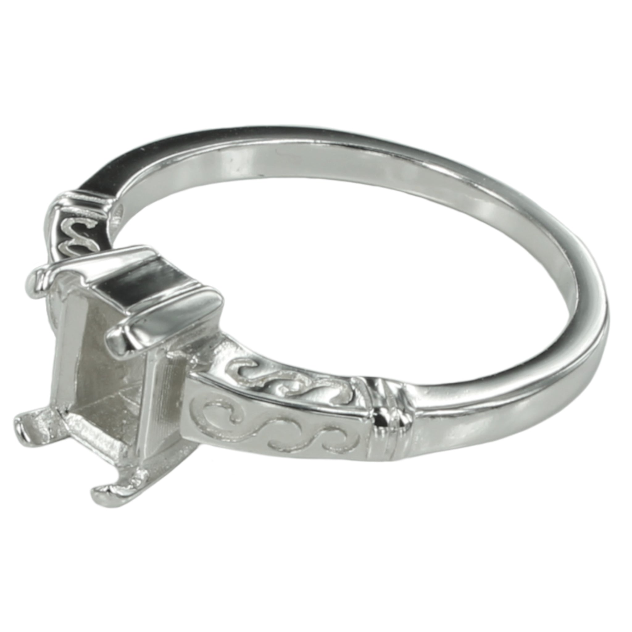 Swirls Ring with Rectangular Prong Mounting in Sterling Silver for 5x7mm Stones
