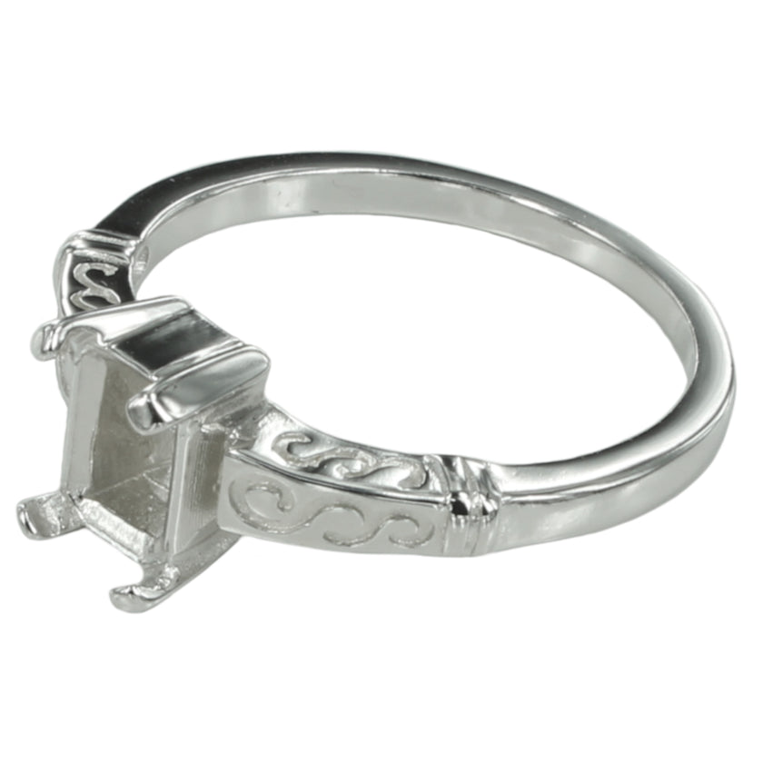 Swirls Ring with Rectangular Prong Mounting in Sterling Silver for 5x7mm Stones