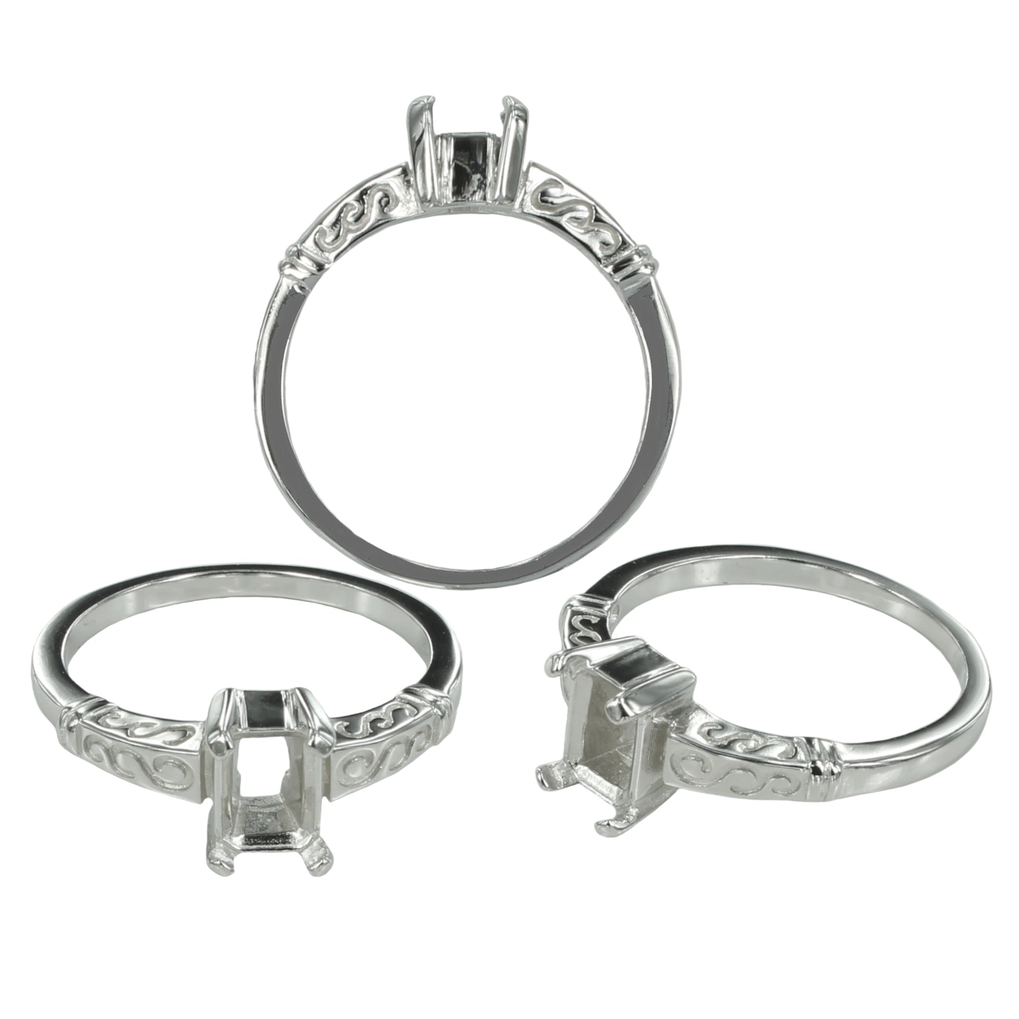 Swirls Ring with Rectangular Prong Mounting in Sterling Silver for 5x7mm Stones