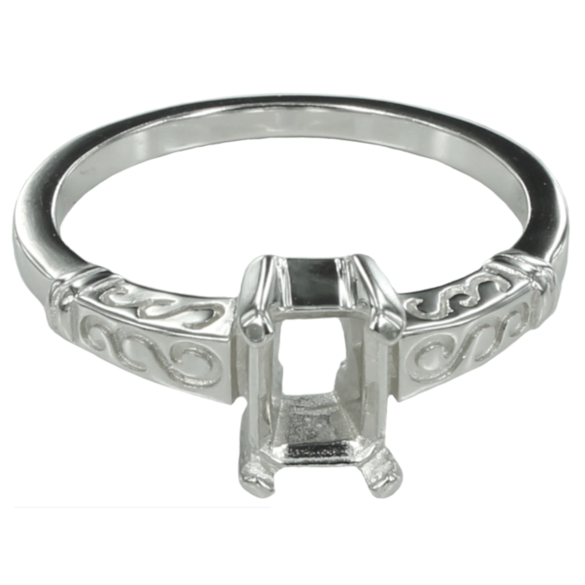 Swirls Ring with Rectangular Prong Mounting in Sterling Silver for 5x7mm Stones
