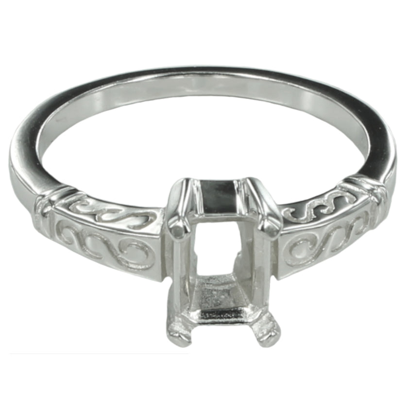 Swirls Ring with Rectangular Prong Mounting in Sterling Silver for 5x7mm Stones