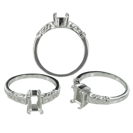 Swirls Ring with Rectangular Prong Mounting in Sterling Silver for 5x7mm Stones
