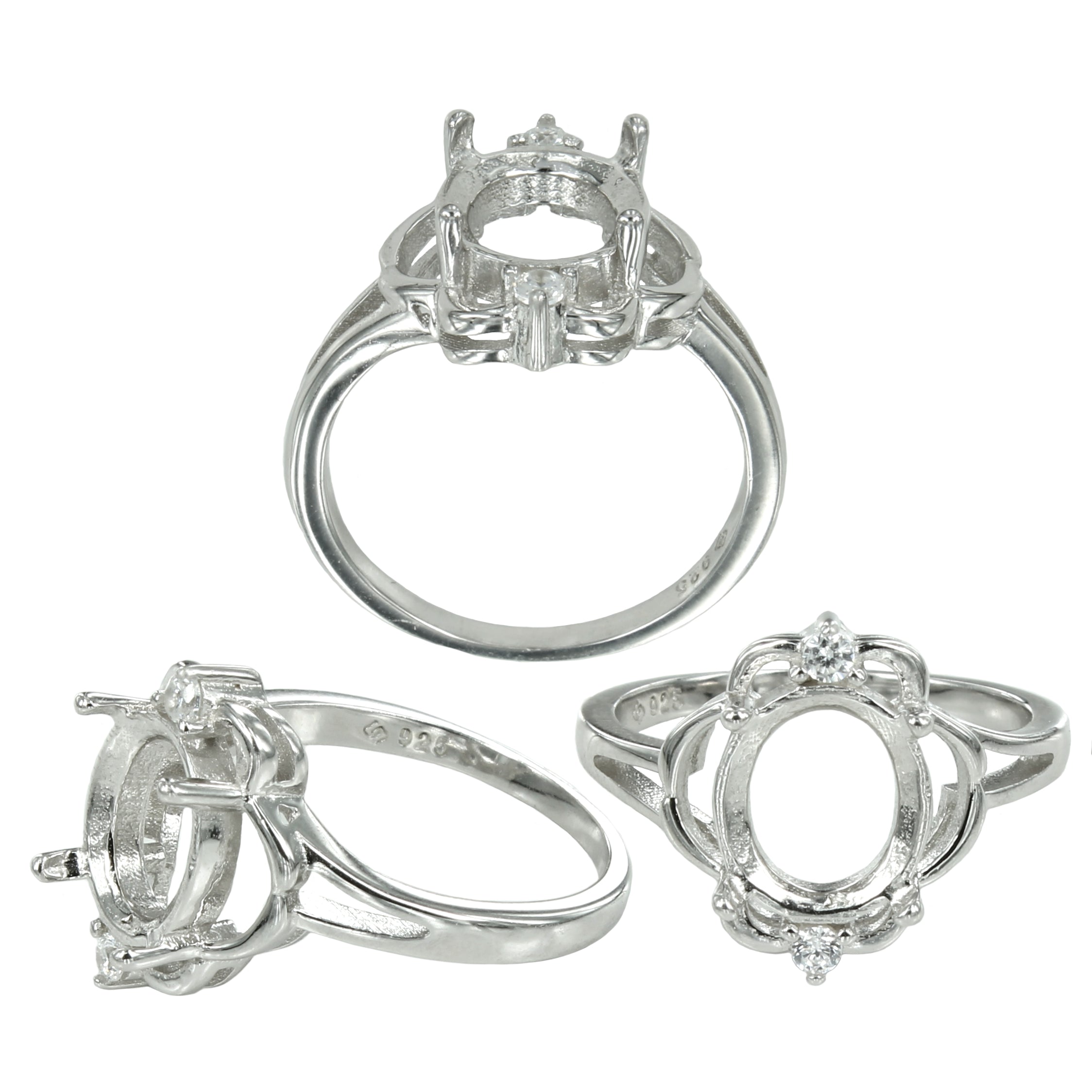 Ring with Cubic Zirconia Inlays and Oval Prongs Mounting in Sterling Silver 8x9mm