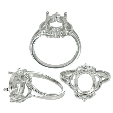 Ring with Cubic Zirconia Inlays and Oval Prongs Mounting in Sterling Silver 8x9mm