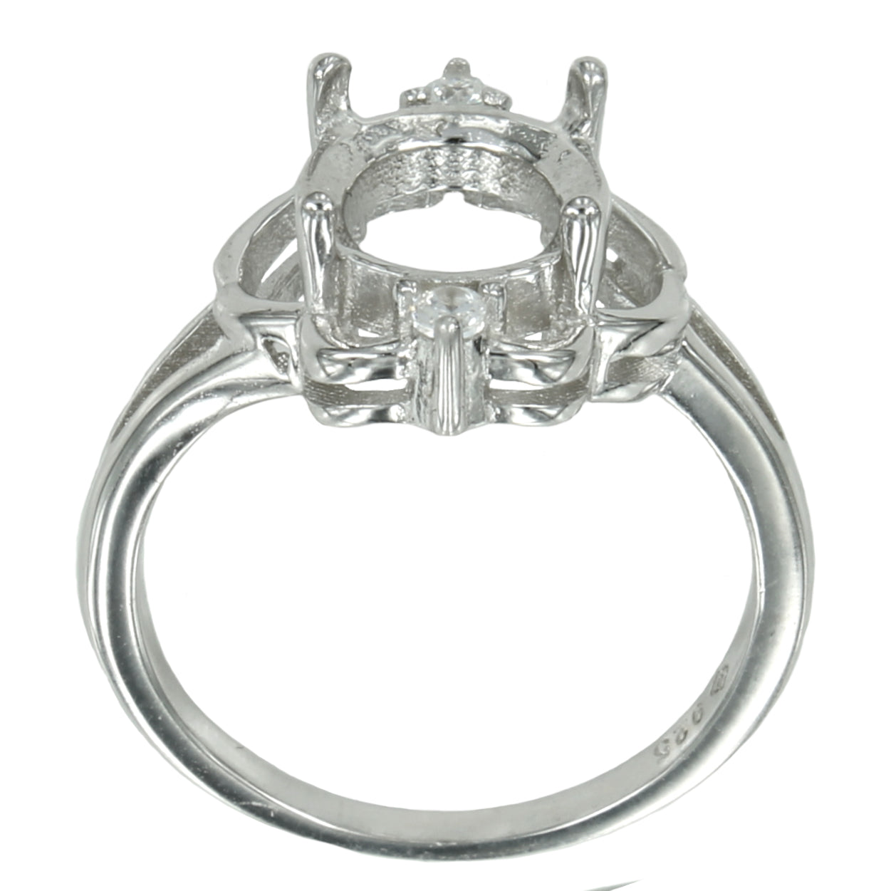 Ring with Cubic Zirconia Inlays and Oval Prongs Mounting in Sterling Silver 8x9mm