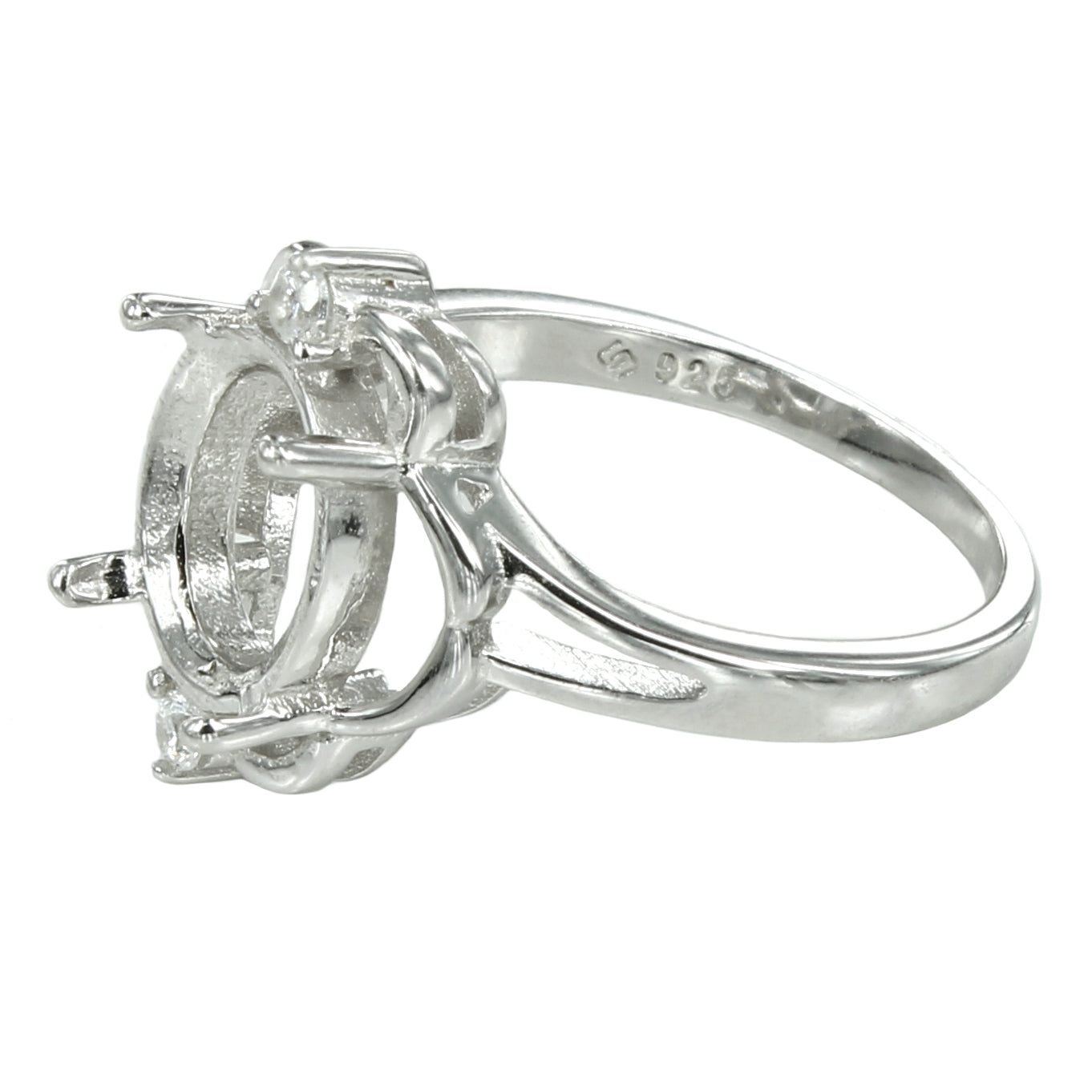 Ring with Cubic Zirconia Inlays and Oval Prongs Mounting in Sterling Silver 8x9mm