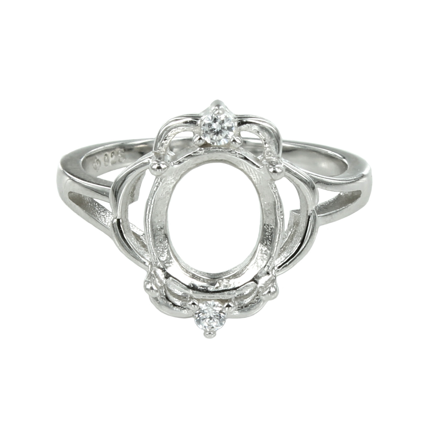 Ring with Cubic Zirconia Inlays and Oval Prongs Mounting in Sterling Silver 8x9mm