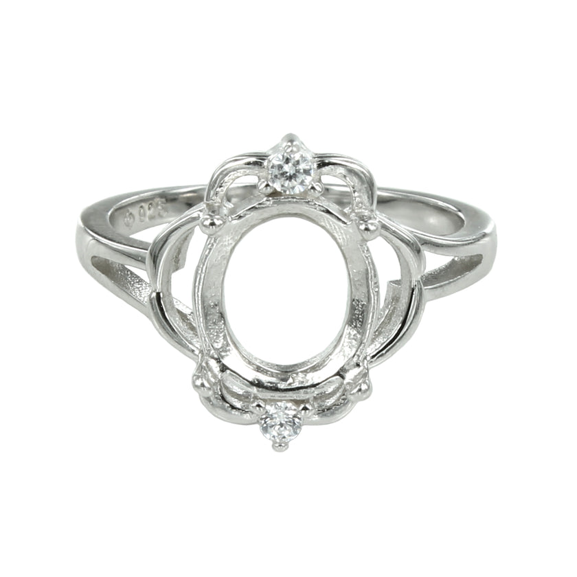 Ring with Cubic Zirconia Inlays and Oval Prongs Mounting in Sterling Silver 8x9mm