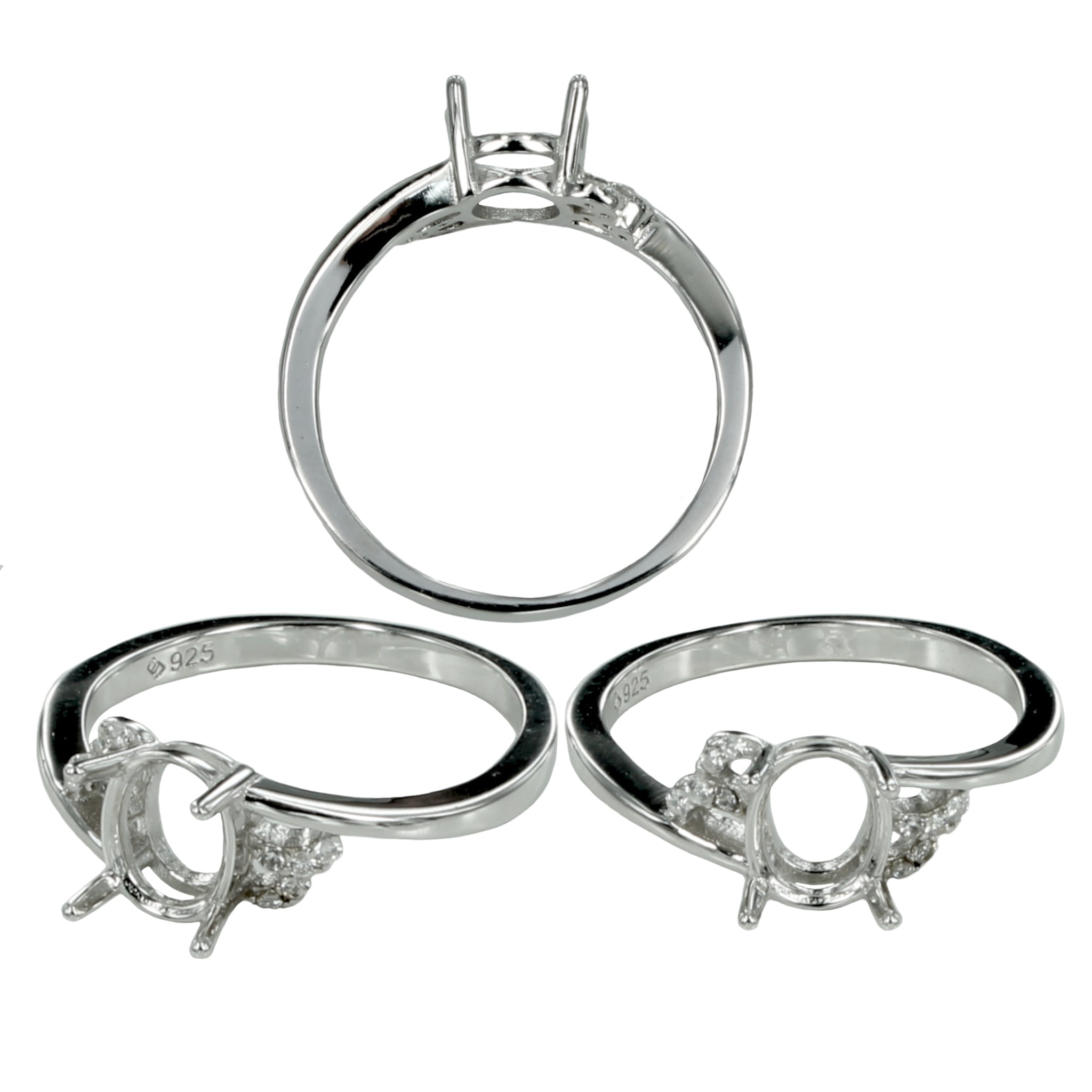 Cross-Over Ring with Curves and Oval Setting in Sterling Silver for 6x7mm Stones