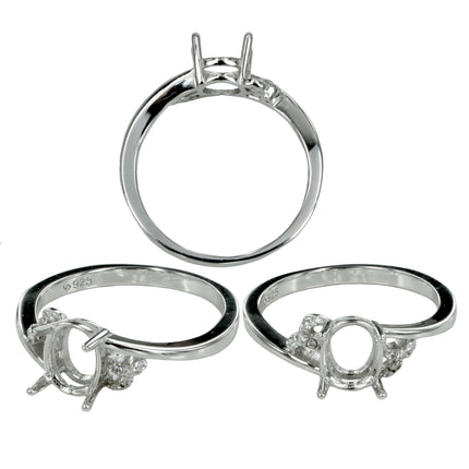 Cross-Over Ring with Curves and Oval Setting in Sterling Silver for 6x7mm Stones