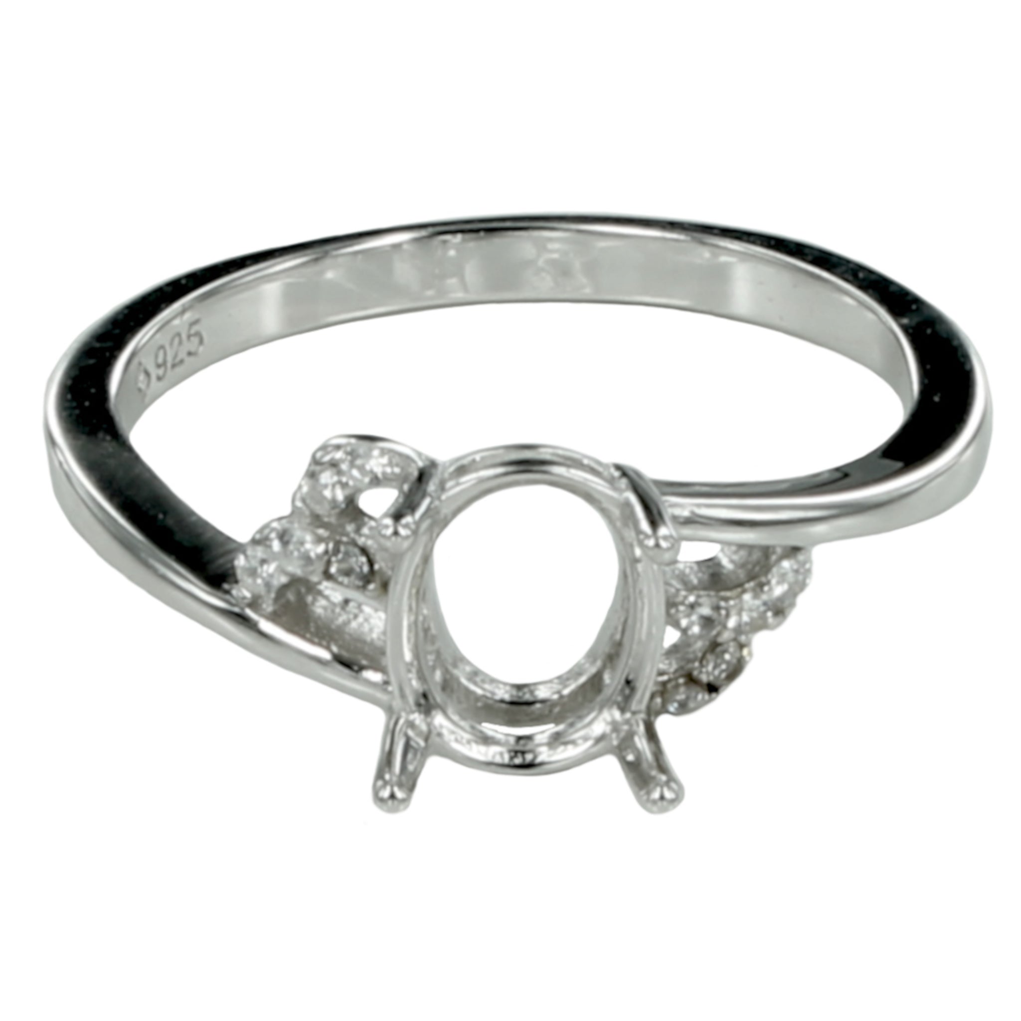 Cross-Over Ring with Curves and Oval Setting in Sterling Silver for 6x7mm Stones