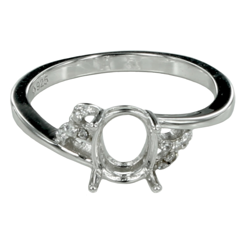 Cross-Over Ring with Curves and Oval Setting in Sterling Silver for 6x7mm Stones