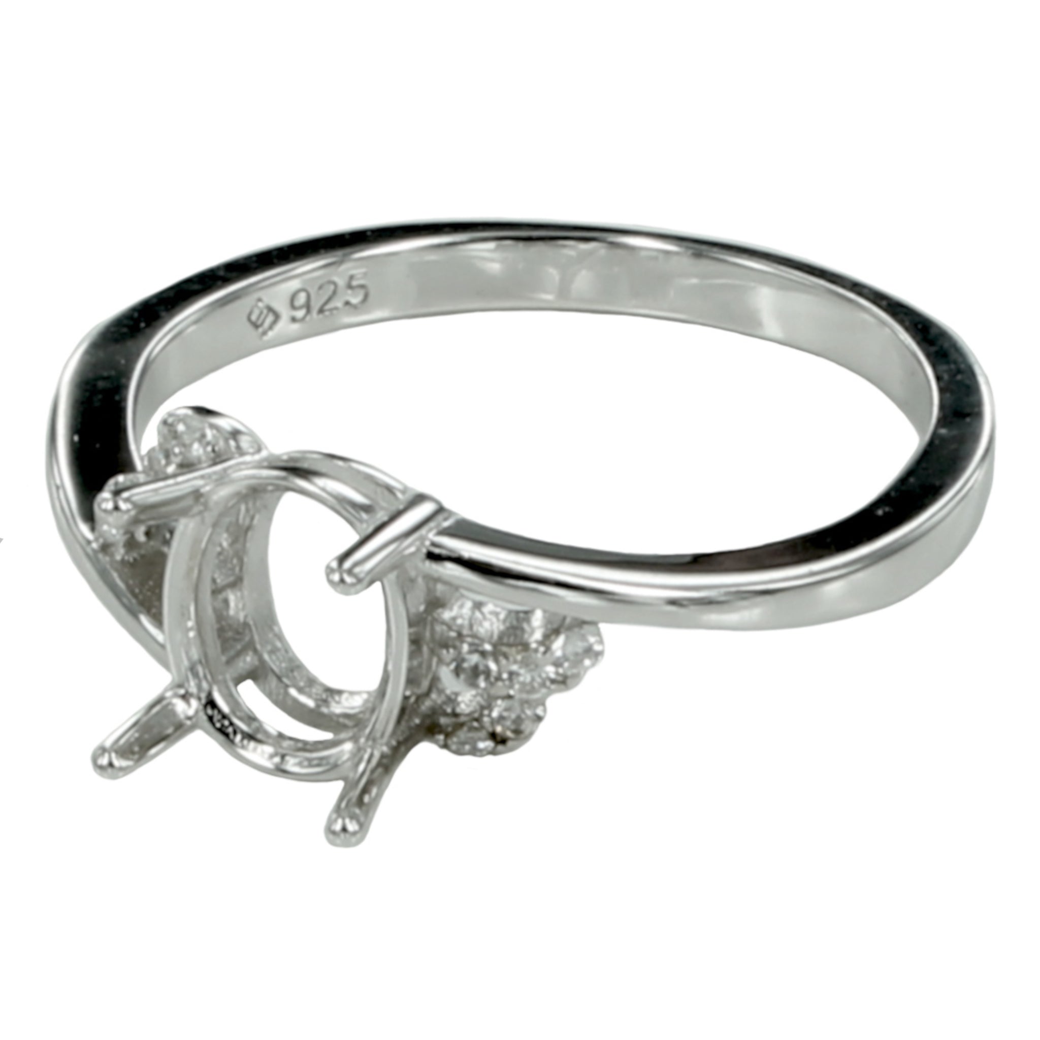 Cross-Over Ring with Curves and Oval Setting in Sterling Silver for 6x7mm Stones