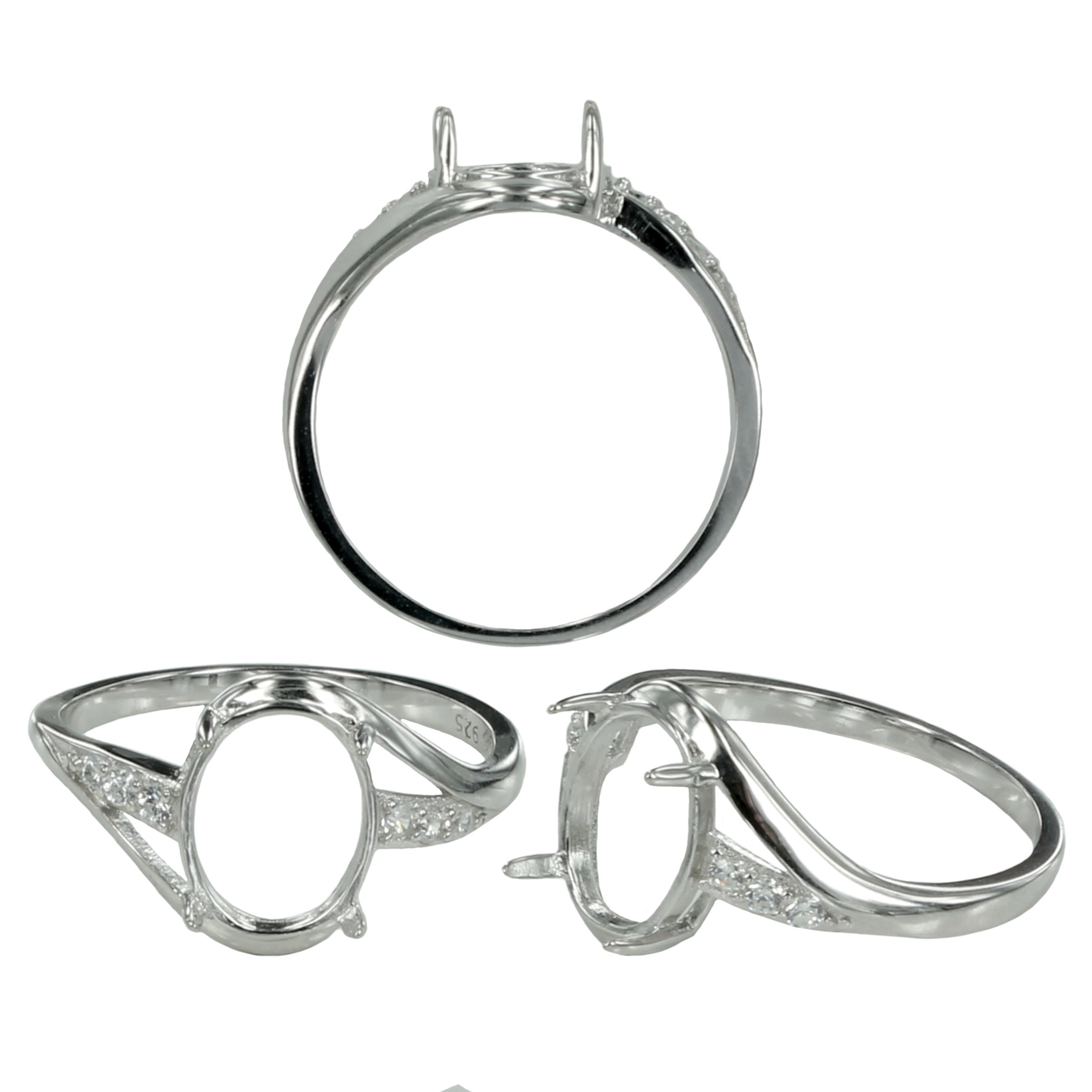 Granular Cross-Over Ring with Oval Prong Mounting in Sterling Silver for 8x10mm stones