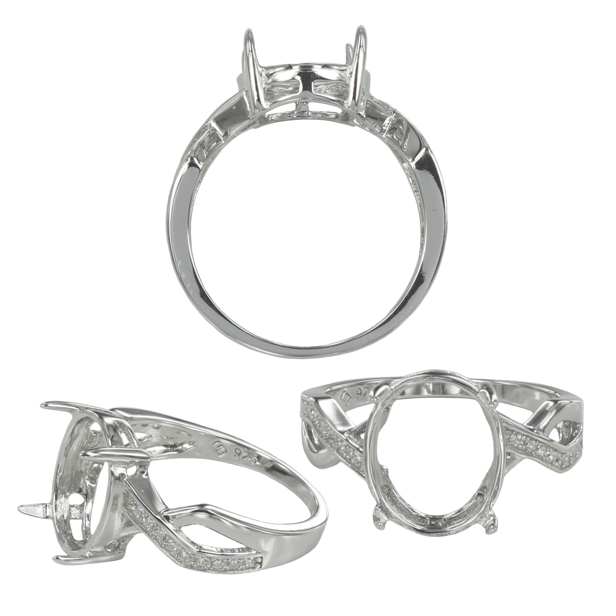 Unique Style Ring with Cubic Zirconia Inlays and Oval Prong Mounting in Sterling Silver 10x11mm