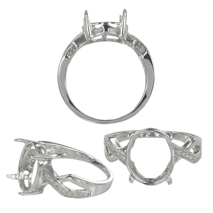 Unique Style Ring with Cubic Zirconia Inlays and Oval Prong Mounting in Sterling Silver 10x11mm
