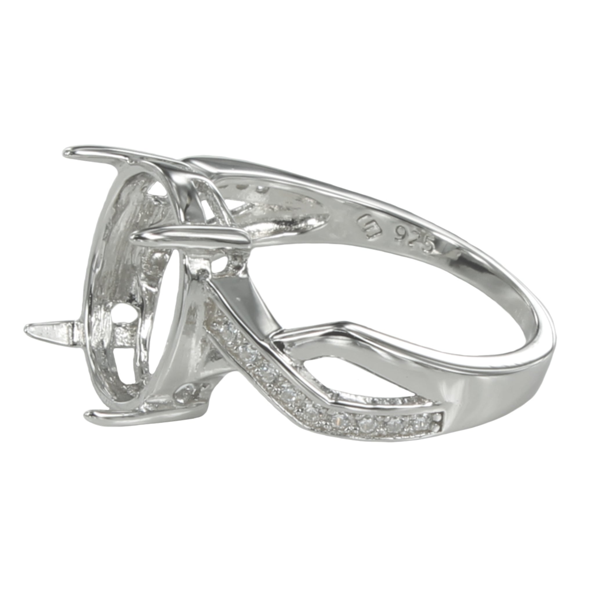 Unique Style Ring with Cubic Zirconia Inlays and Oval Prong Mounting in Sterling Silver 10x11mm