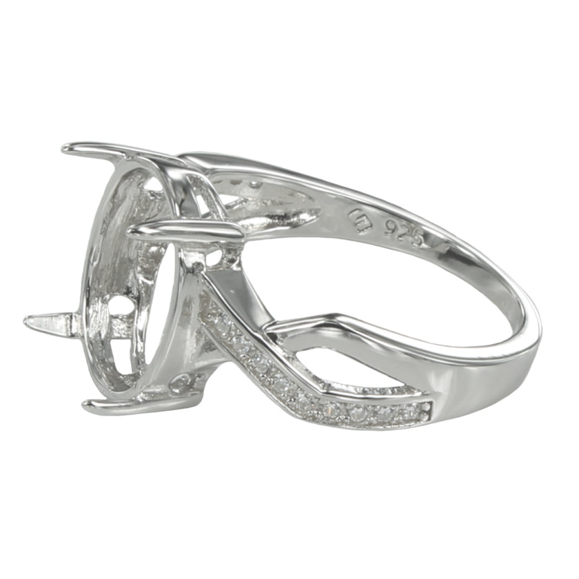 Unique Style Ring with Cubic Zirconia Inlays and Oval Prong Mounting in Sterling Silver 10x11mm