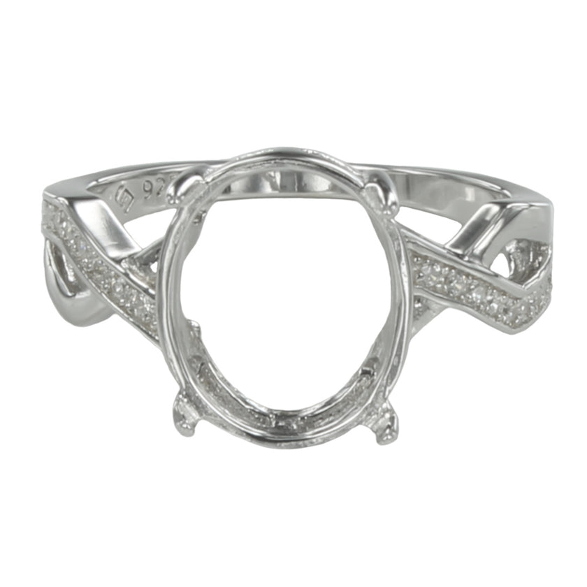 Unique Style Ring with Cubic Zirconia Inlays and Oval Prong Mounting in Sterling Silver 10x11mm