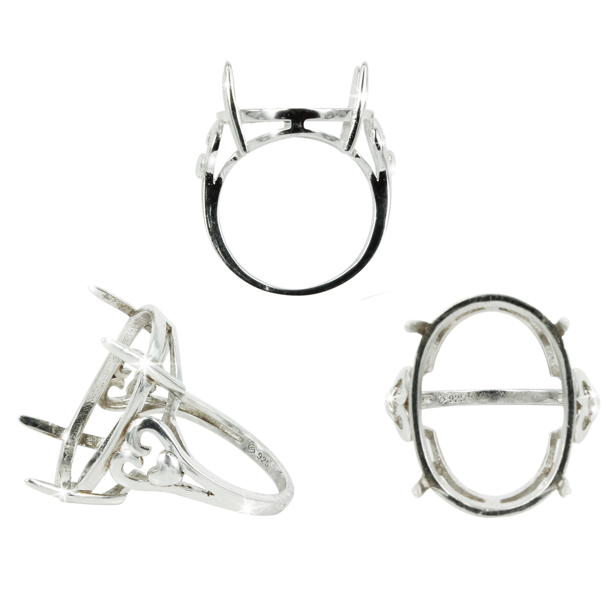 Heart Split-Shank Ring with Oval Prongs Mounting in Sterling Silver 17x23mm