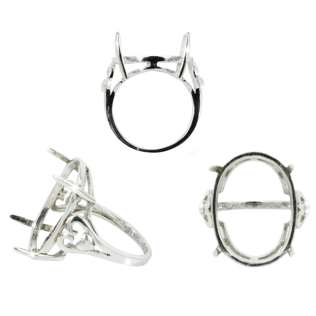 Heart Split-Shank Ring with Oval Prongs Mounting in Sterling Silver 17x23mm