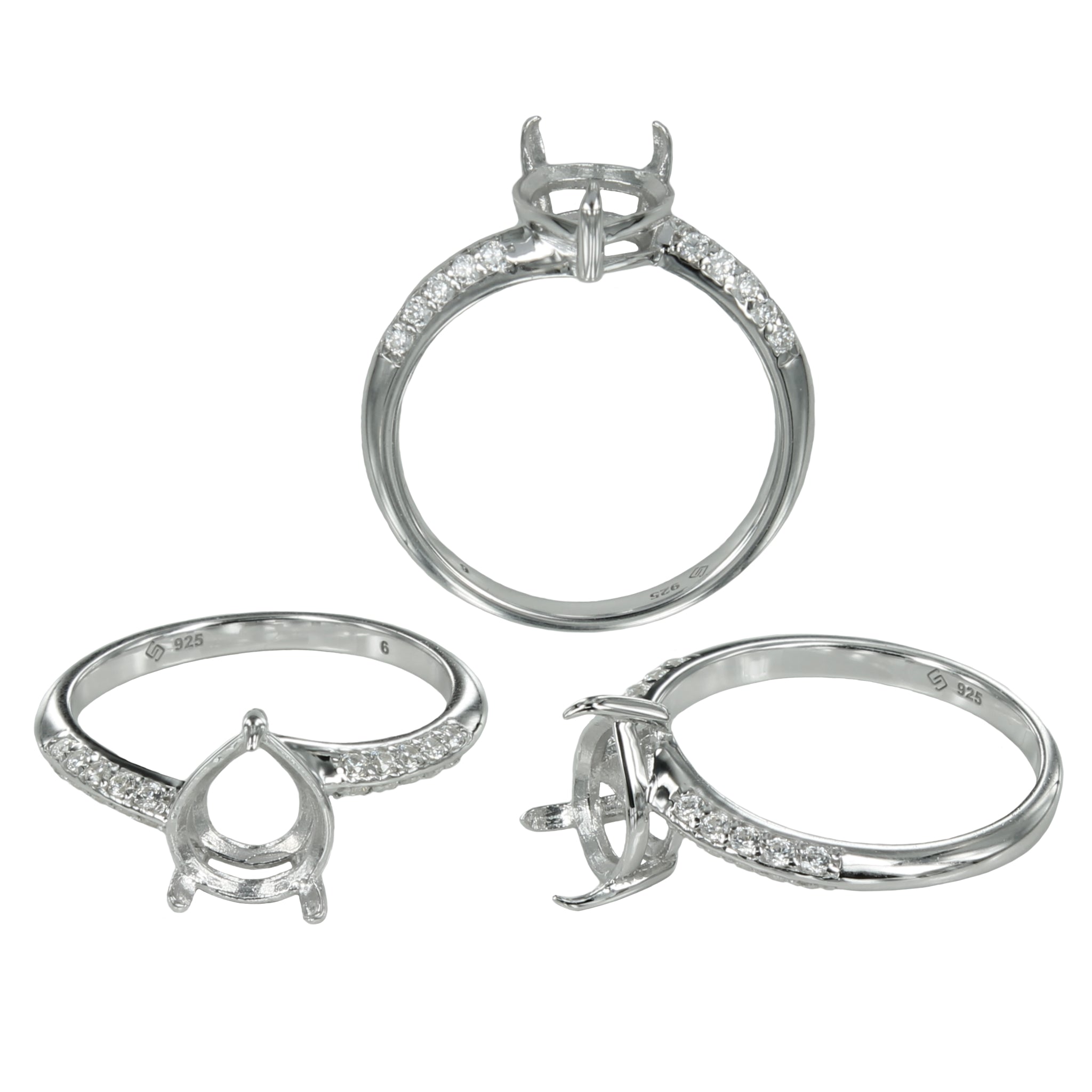 Offset ring with pear setting in sterling silver for 7x9mm stones