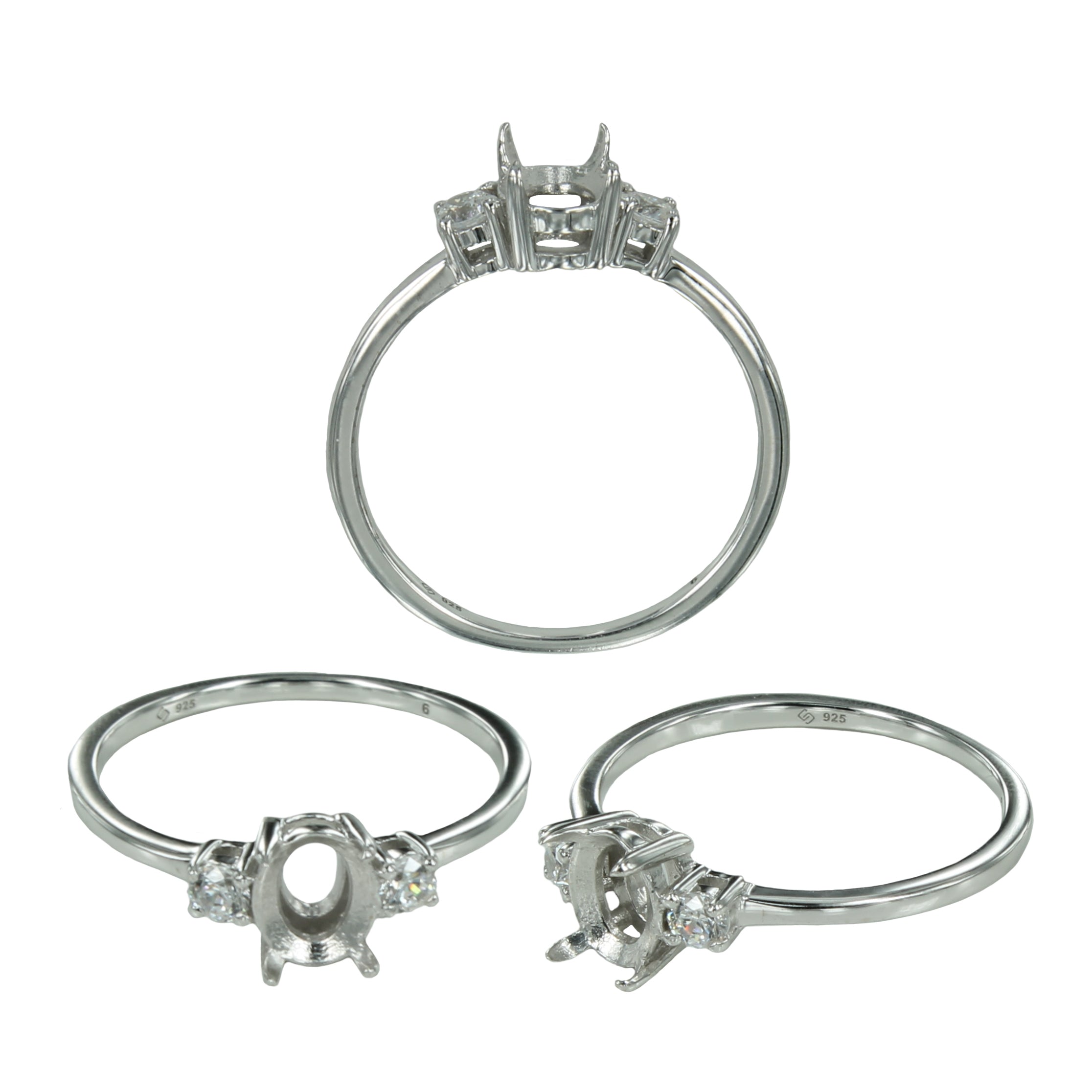 Classic Basket Ring with CZ's in Sterling Silver for 4x6mm Stones