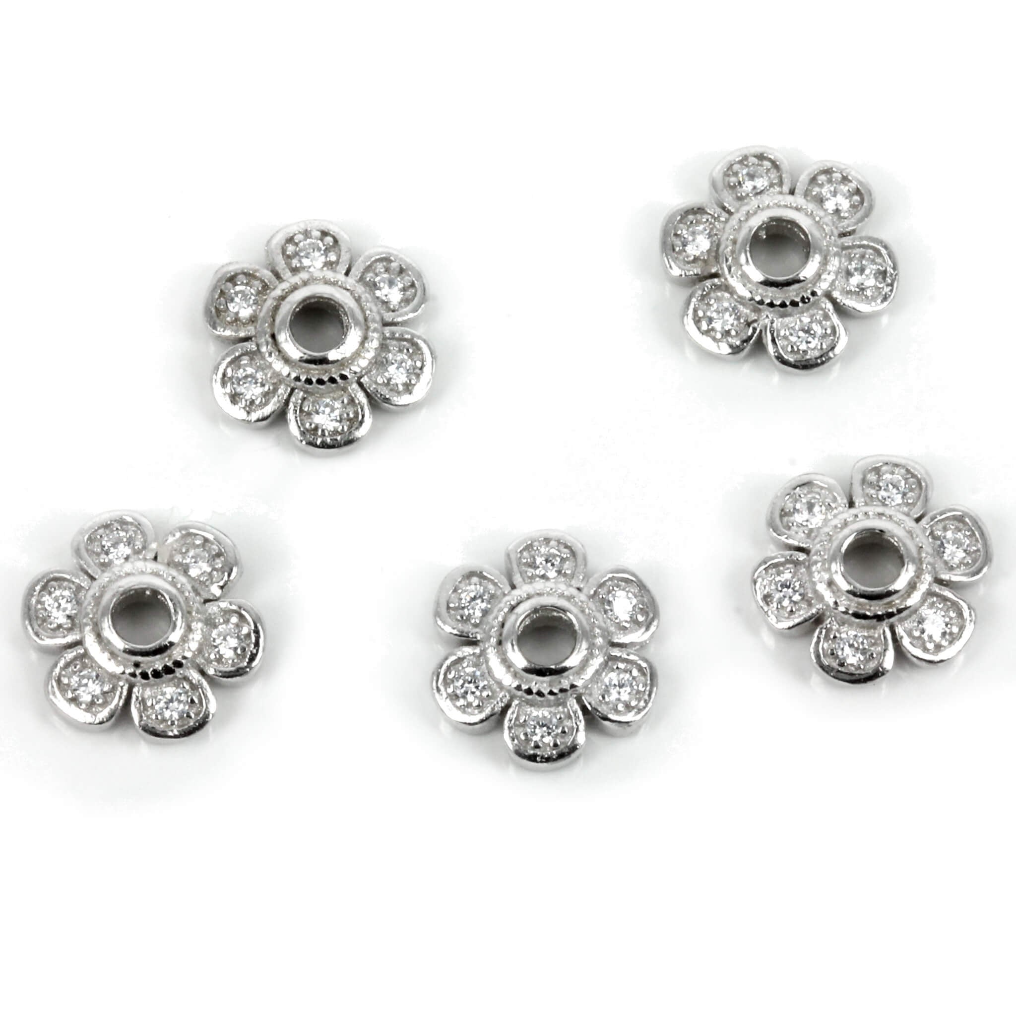 Flower Bead Cap with Cubic Zirconia Petals in Sterling Silver 9mm