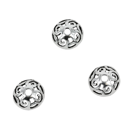 Open Curlicues Patterned Round Bead Cap in Sterling Silver 9mm