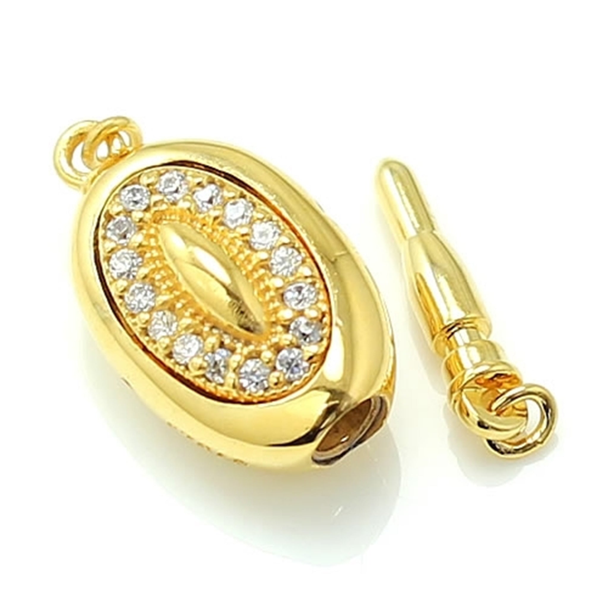 Gold Plated Push-Button Clasp with Cubic Zirconia Inlays in Sterling Silver 19.2x9.8mm