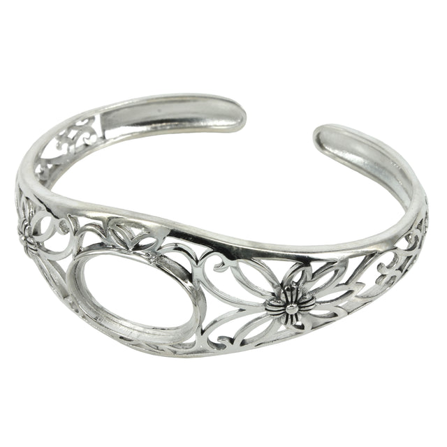 Floral Motif Cuff Bracelet with 13x18mm Oval Bezel Mounting in Sterling Silver