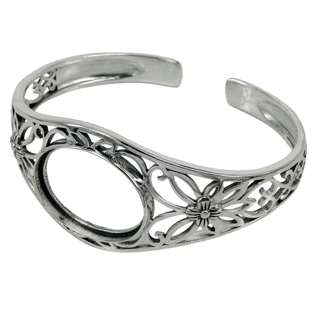 Floral Motif Cuff Bracelet with 20x25mm Oval Bezel Mounting in Sterling Silver