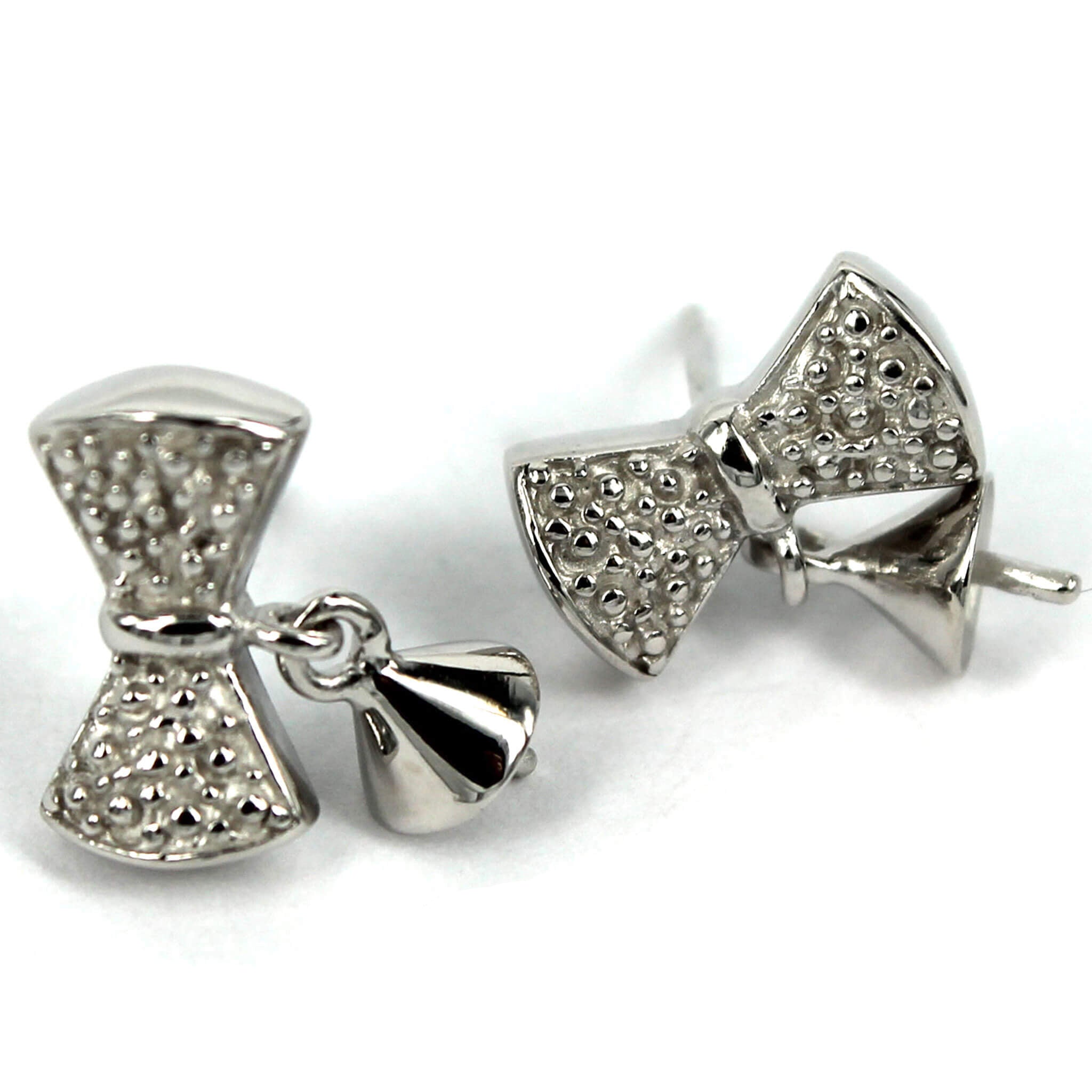 Bow Shape Ear Studs with Dangling Cup and Peg Mounting in Sterling Silver 4mm