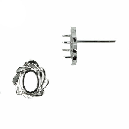 Spiral Fan Stud Earrings with Oval Prong Mounting in Sterling Silver for 5x7mm Stones