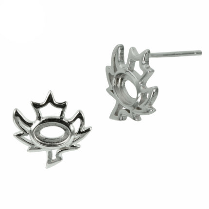 Maple Leaf Stud Earrings with Bezel Mounting in Sterling Silver for 4x6mm Stones