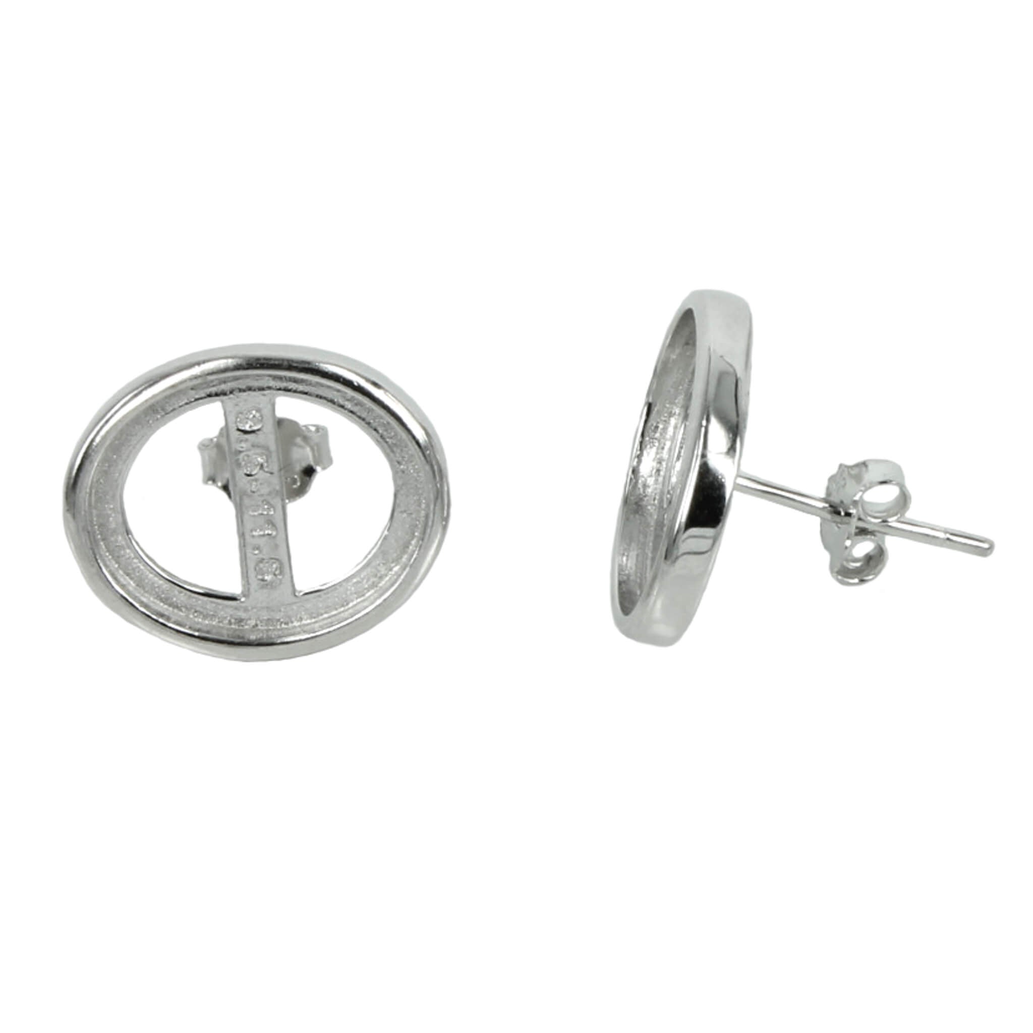 Ear Studs Earrings Settings with Oval Bezel Mounting in Sterling Silver - Various Sizes
