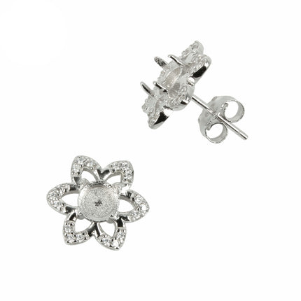 Flower CZ Border Stud Earrings with Round Prong Mounting in Sterling Silver for 5mm Stones