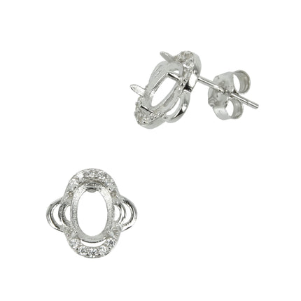 Quatrefoil CZ Border Stud Earrings with Oval Prong Mounting in Sterling Silver for 5x7mm Stones
