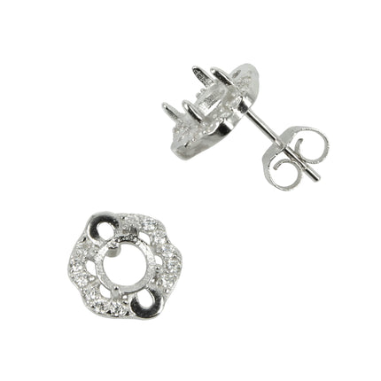 Hex-Halo CZ Border Stud Earrings with Round Prong Mounting in Sterling Silver for 5mm Stones