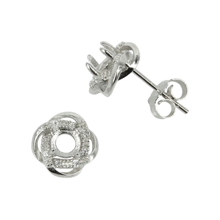 Twinned Ovals CZ Border Stud Earrings with Round Prong Mounting in Sterling Silver for 4mm Stones